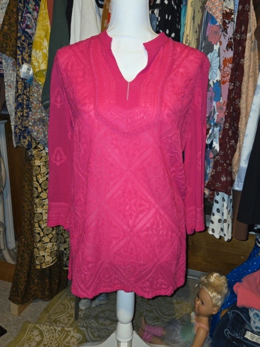 Chico's Hot Pink Embroidered Split-Neck Tunic